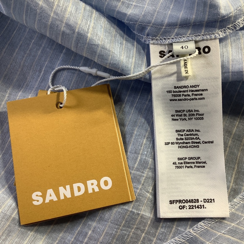 Sandro Nathalie Blue White Pinstripe Linen Lace Midi Dress Size 40 NWT - Picture 5 of 16